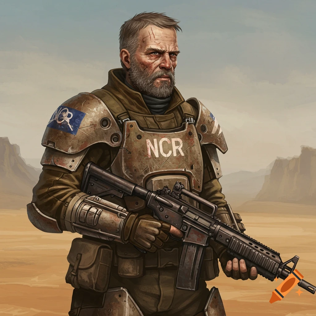 A veteran soldier in NCR armor holding a rifle in a desert landscape.