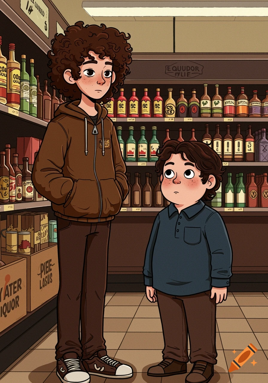 Cartoon of two boys standing in a liquor store.