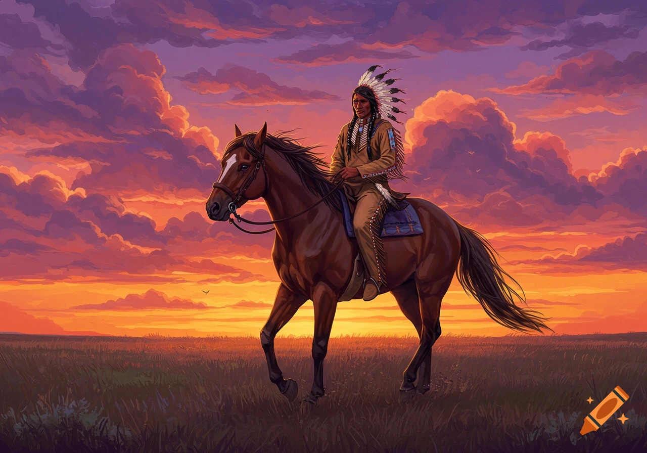 Illustration of a Native American riding a horse across a field at sunset.