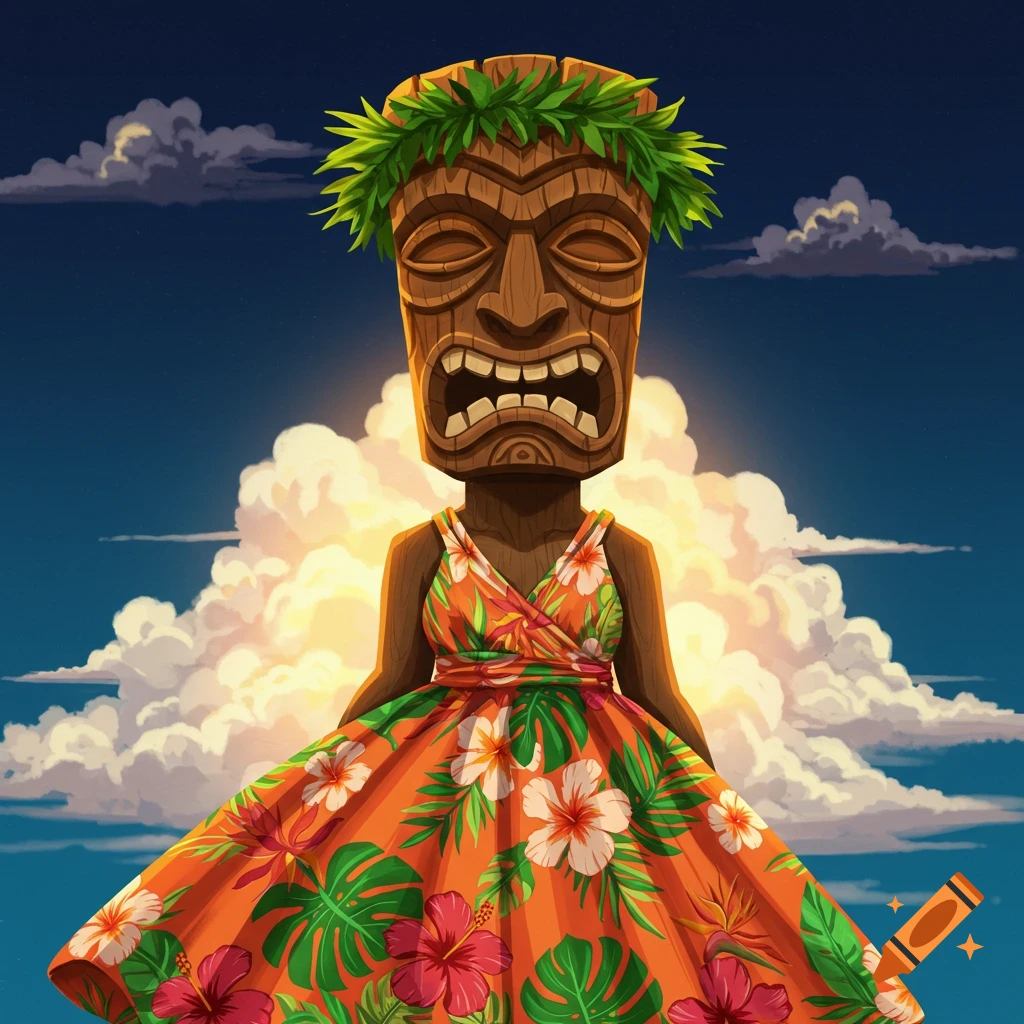 A wooden tiki structure wearing a colorful floral dress in front of a bright cloudy sky.