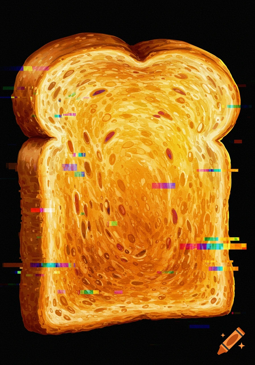 A slice of toast with colorful glitch artifacts on a black background.