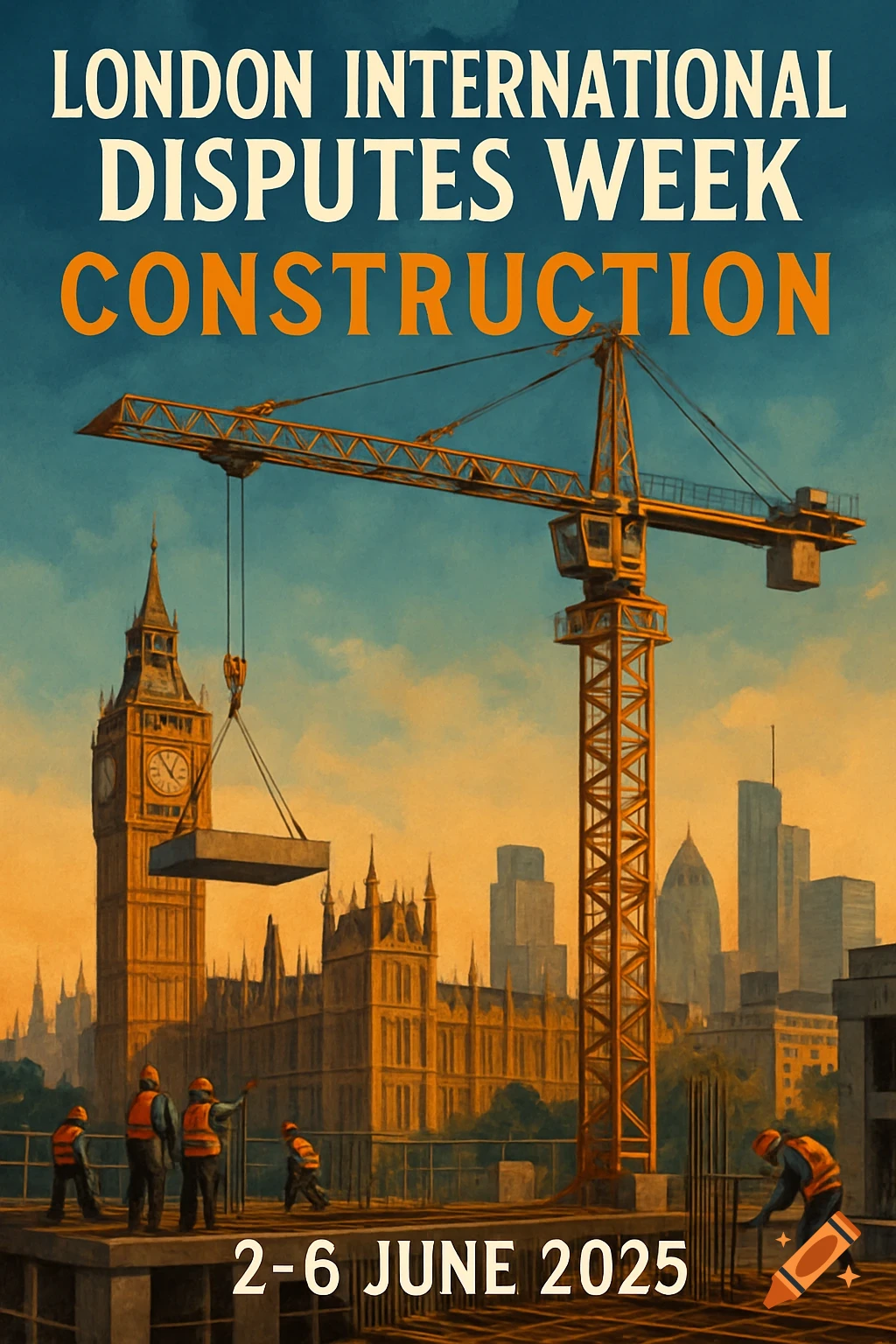 Illustrative poster for London International Disputes Week Construction with a crane near Big Ben and workers.