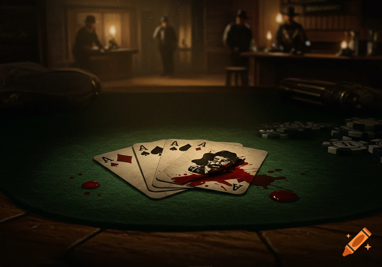 Close-up of a bloody poker hand on a green felt table in a dimly lit saloon.