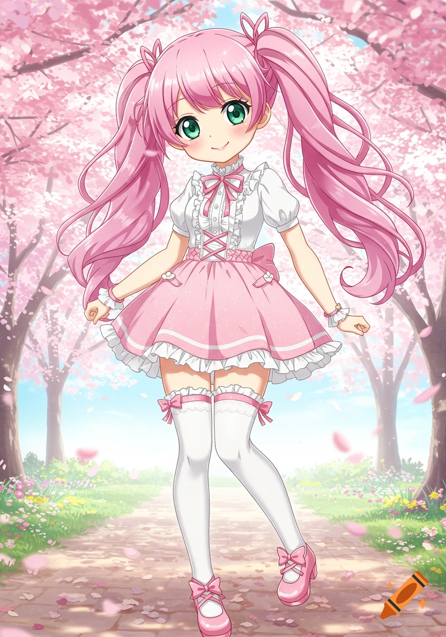 Anime girl with pink pigtails in a pink dress stands in a cherry blossom path.