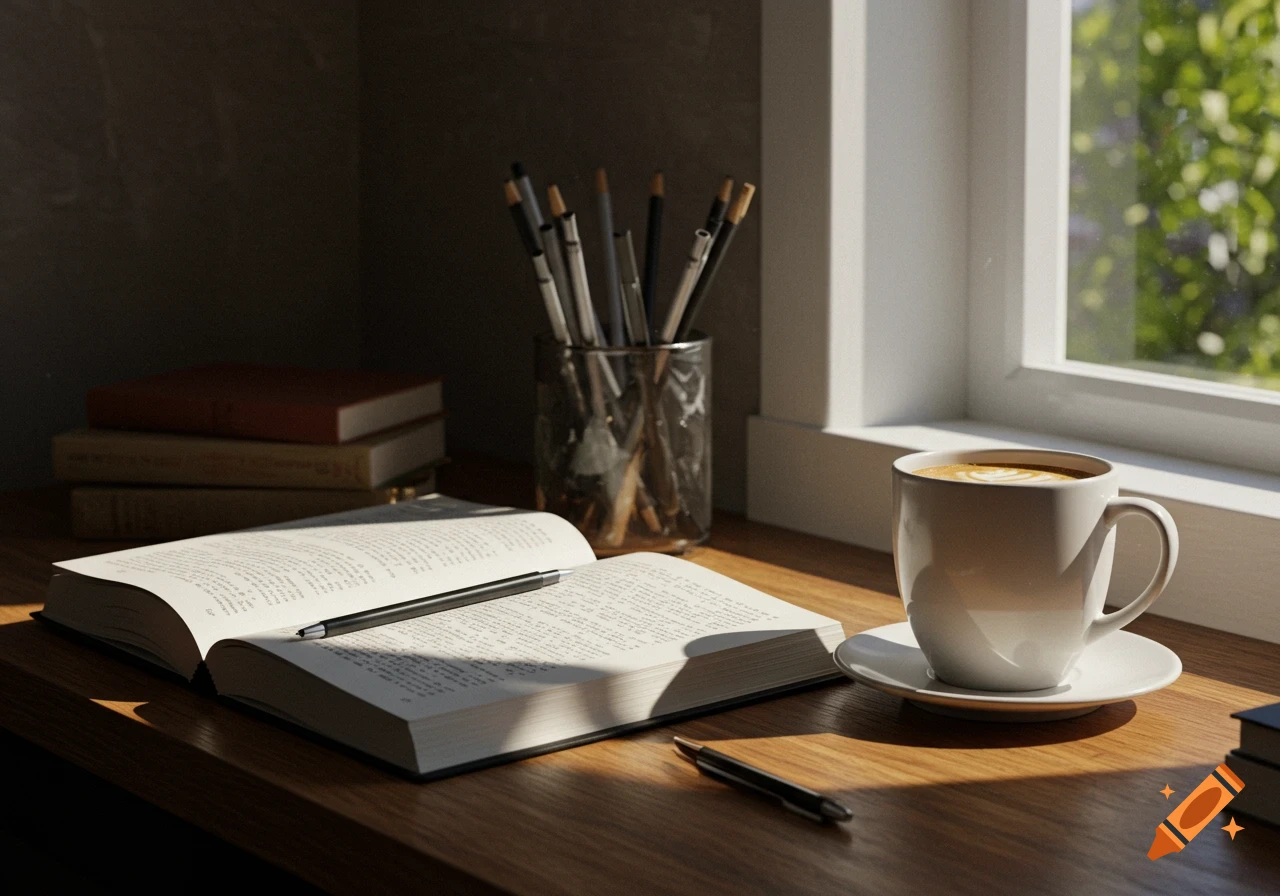 Open book, pens, coffee cup on a desk with sunlight.