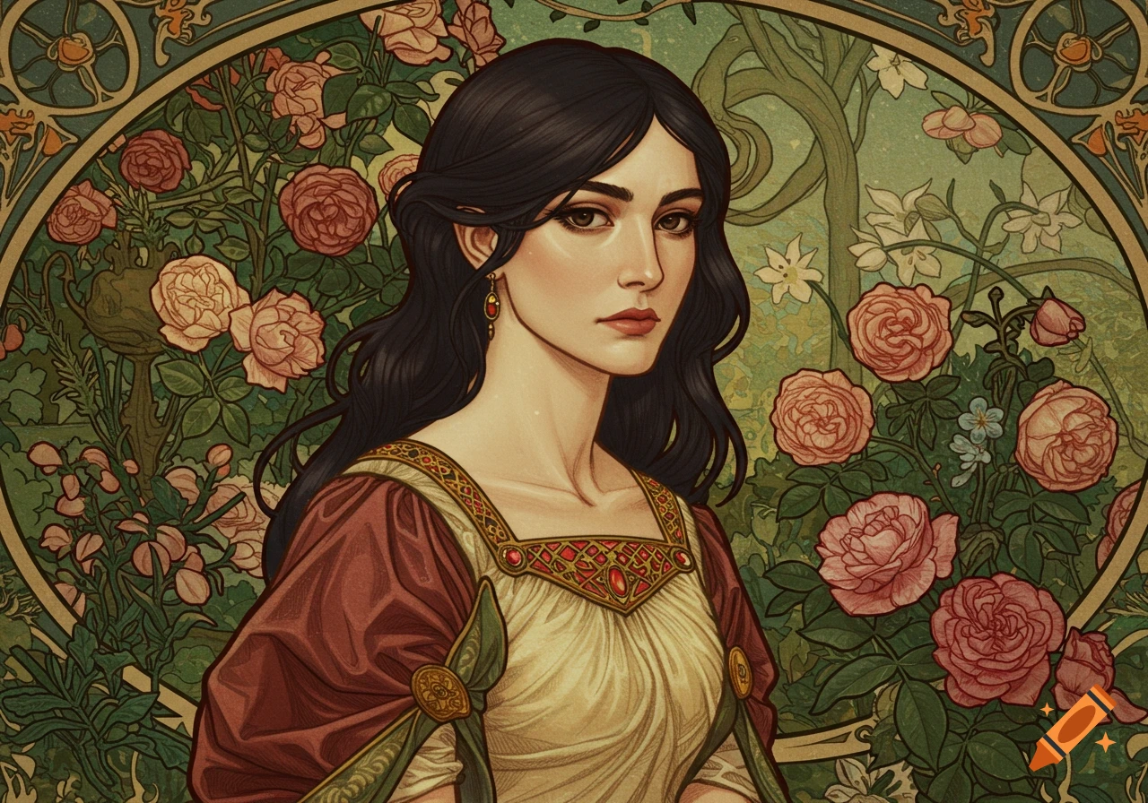 A woman in a historical dress with a floral background, in an Art Nouveau style.