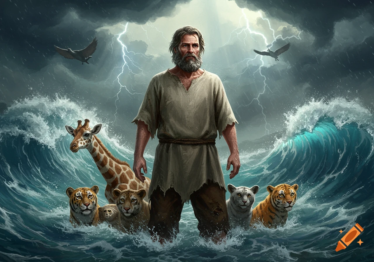 A man stands in a stormy sea with a giraffe, tigers, and other animals as lightning strikes in the background.
