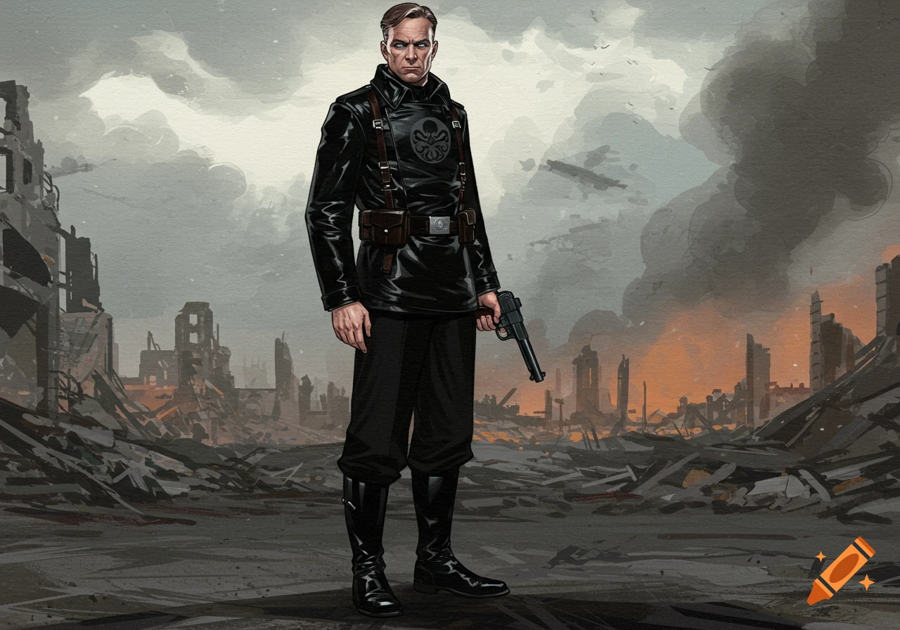 An illustration of a man in a black uniform with a Hydra symbol standing in a ruined city holding a pistol