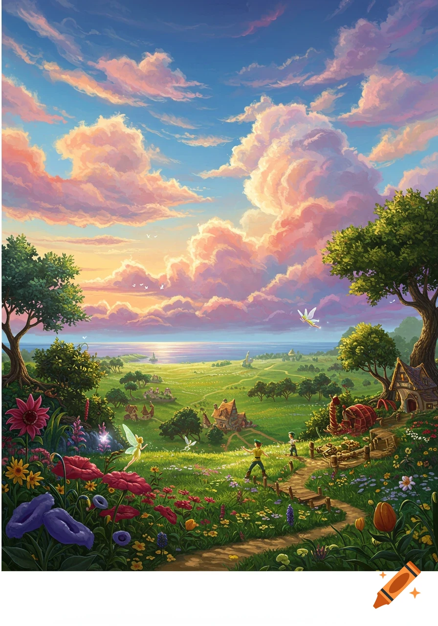 Vibrant fantasy landscape with fairies, children, path, cottages, sea, and colorful sky with large clouds. Detailed illustration style.