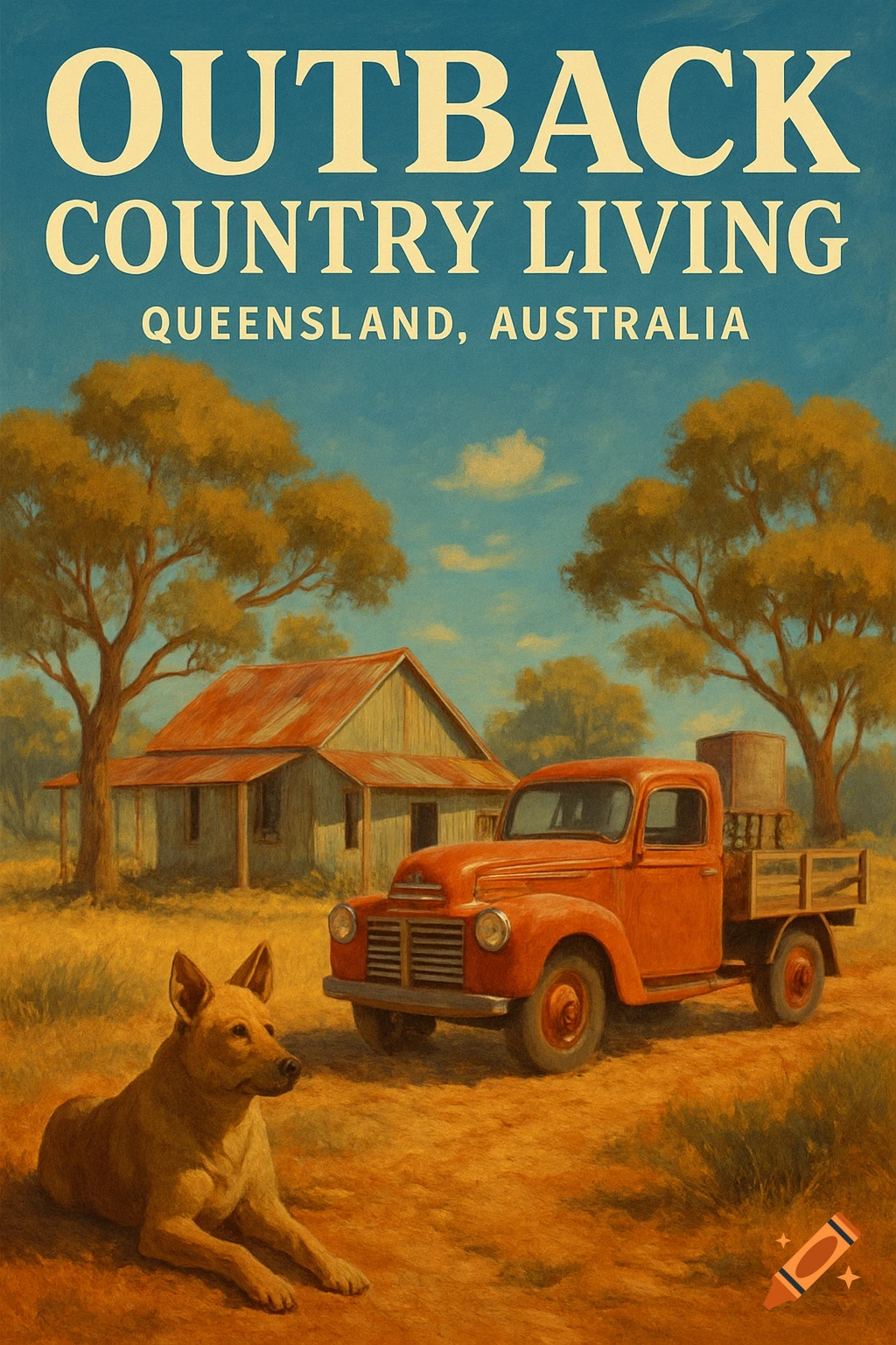 Illustration of Australian outback scene with vintage truck, dog, house, and text.