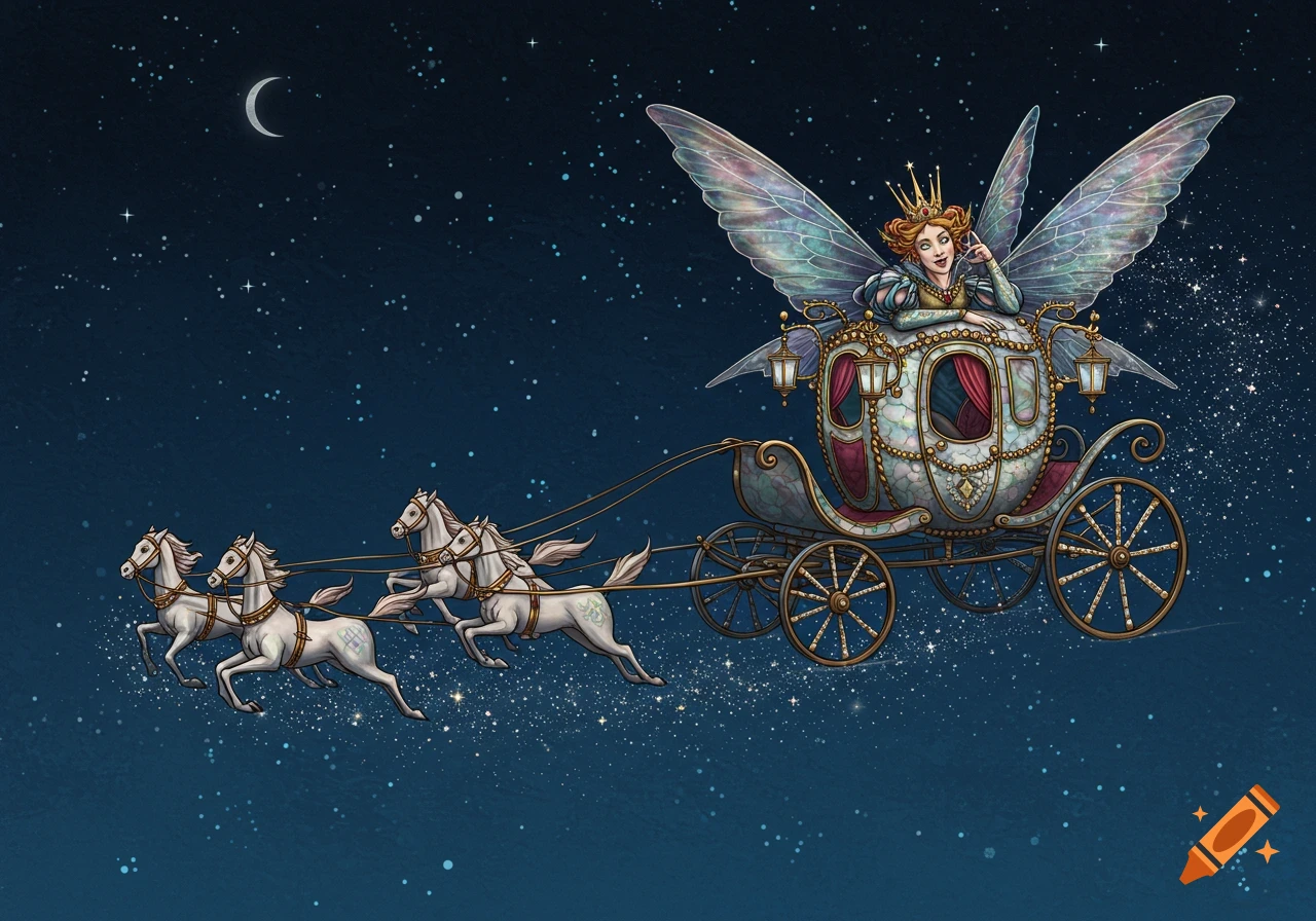 An illustration of a fairy queen in a ornate carriage pulled by three horses flying through a star-filled night sky.