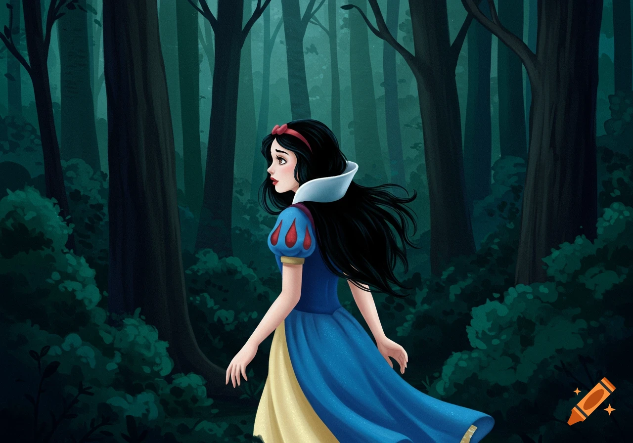 An illustration of Snow White with long black hair walking through a dark forest.