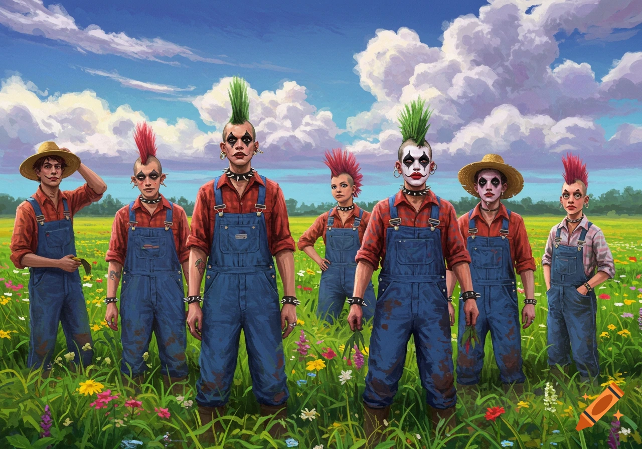 A group of people dressed as farmers with punk/emo makeup and hairstyles stand in a grassy field with flowers.