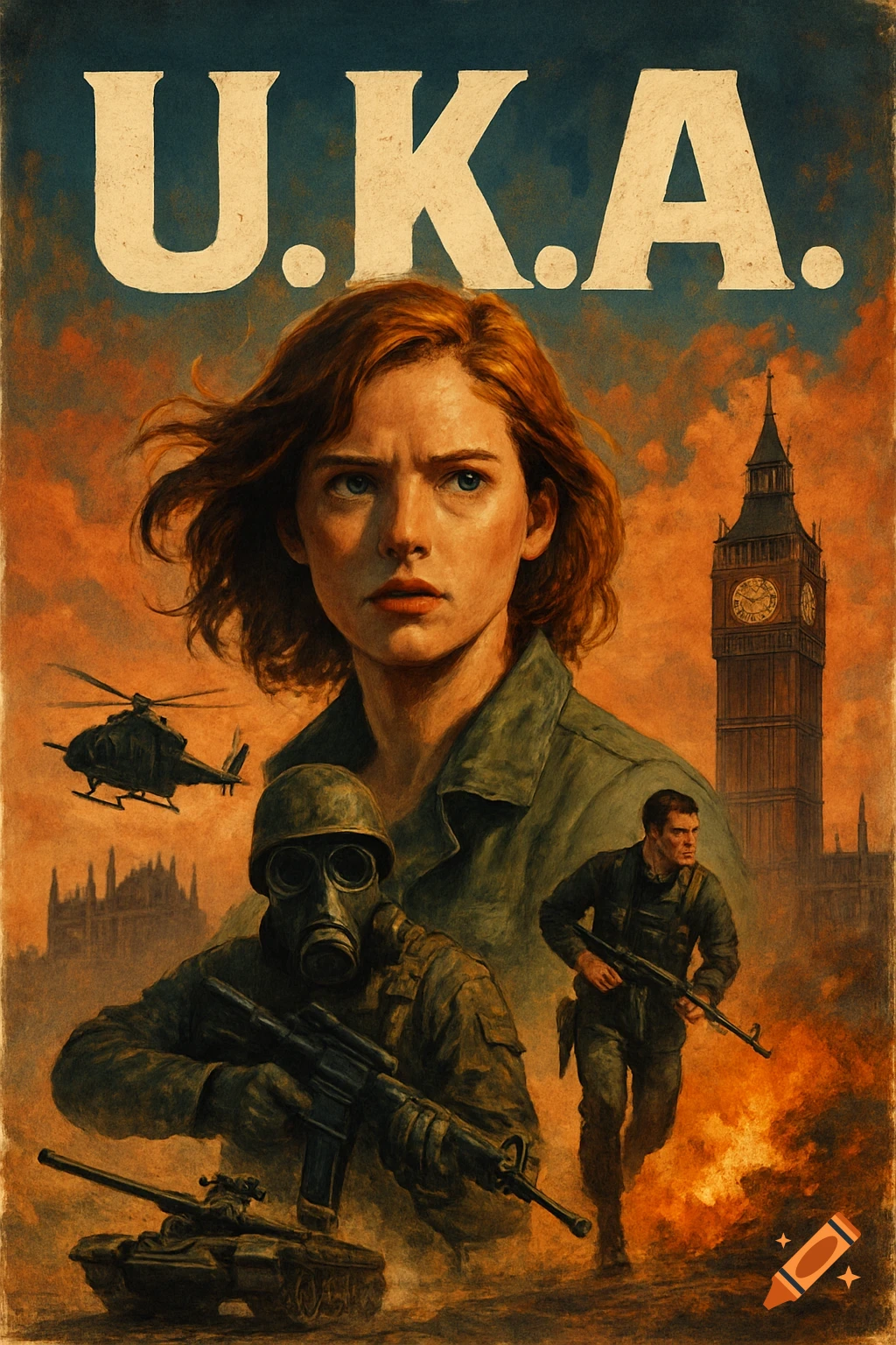 Vintage poster style image of a woman, soldiers, and military vehicles in London with Big Ben, under the title U.K.A.