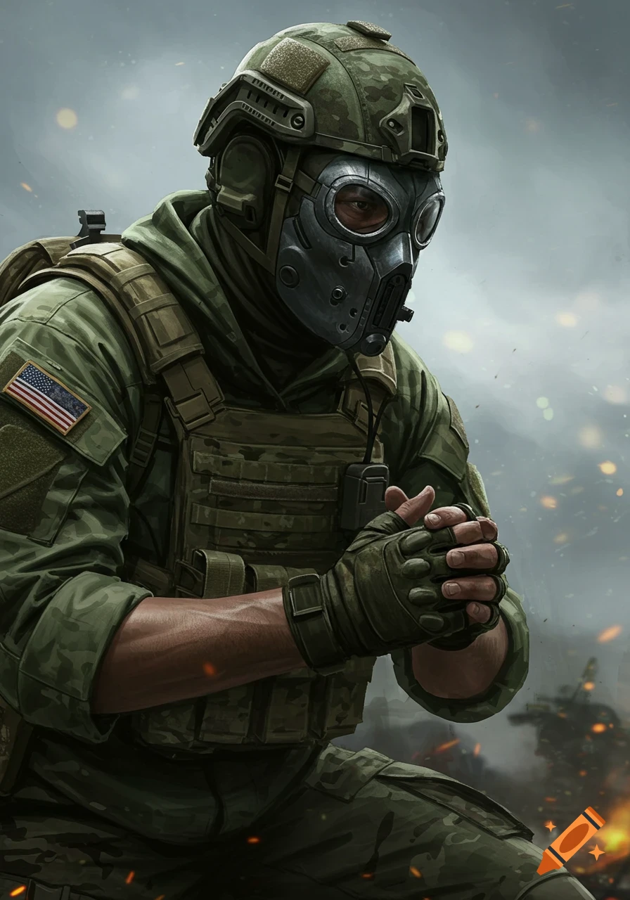 A soldier in camouflage and gas mask clasps hands against a battlefield background.
