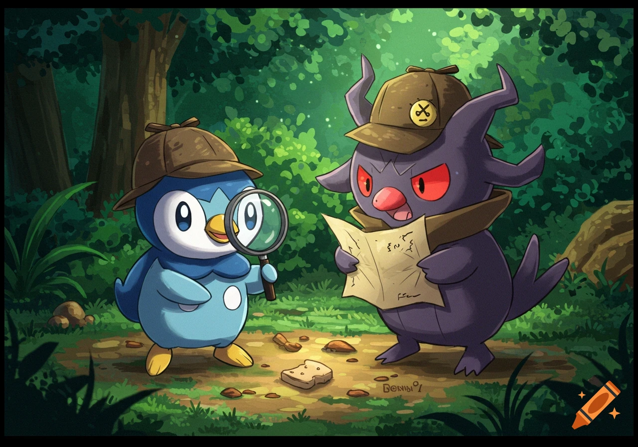 Illustration of Piplup and a purple Pokémon wearing detective hats in a forest. Piplup holds a magnifying glass, the other reads a map.
