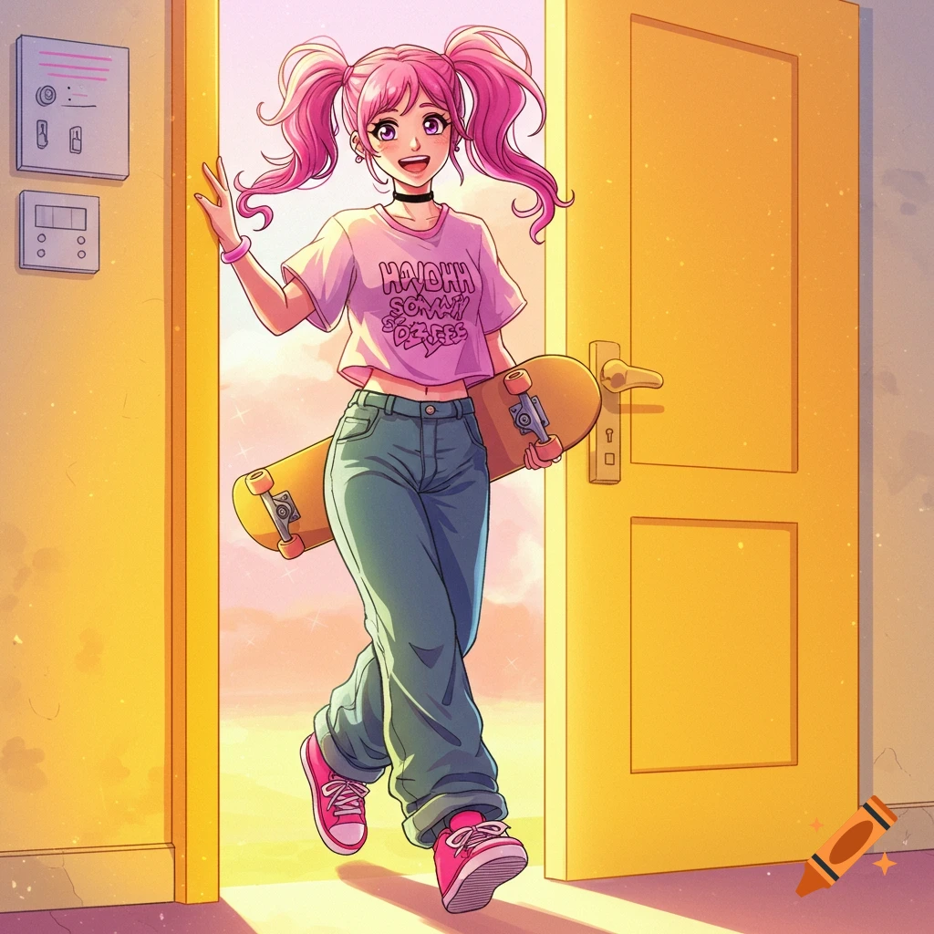 Anime girl with pink pigtails carrying a skateboard walks through a doorway into bright light.