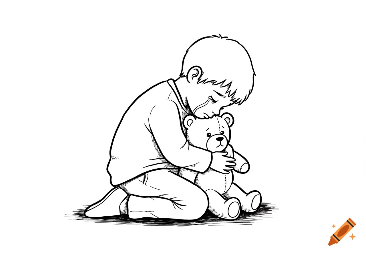 Black and white sketch of a kneeling child crying and hugging a teddy bear.