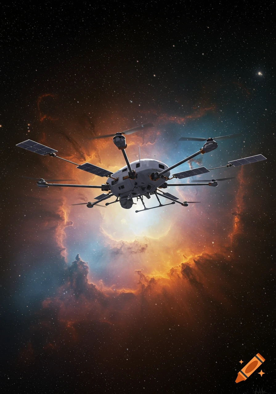 A realistic drone with solar panels floats in space near a colorful nebula.