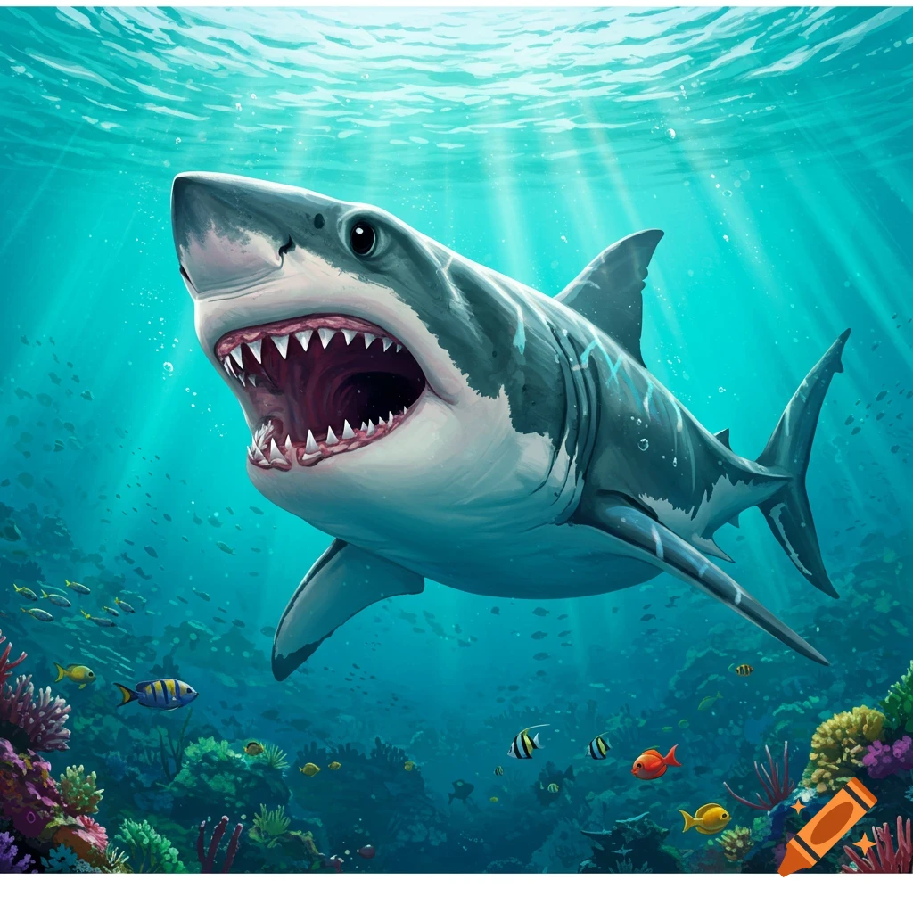 A great white shark with mouth open swims in the ocean near a coral reef with fish.