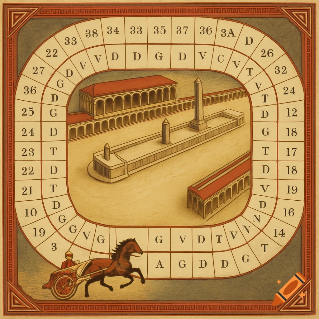 Illustration of a Roman chariot racing board game with numbers and letters on spaces, buildings, and a chariot.
