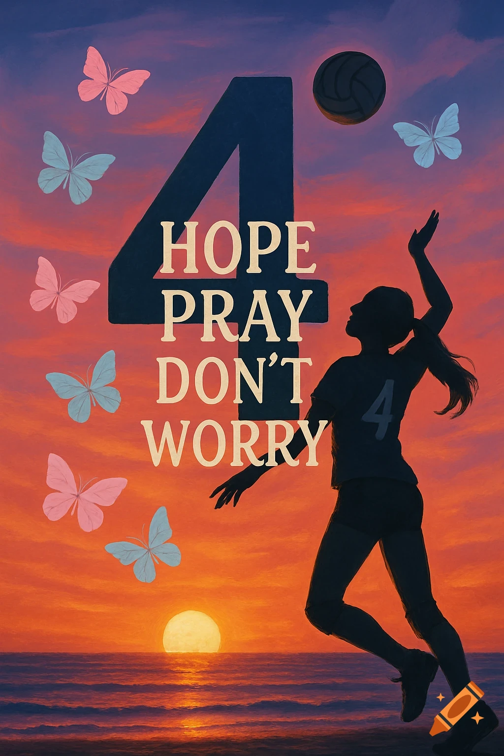 Silhouette of a volleyball player spiking a ball at sunset, with butterflies and the text "HOPE PRAY DON'T WORRY" on a large number 4.