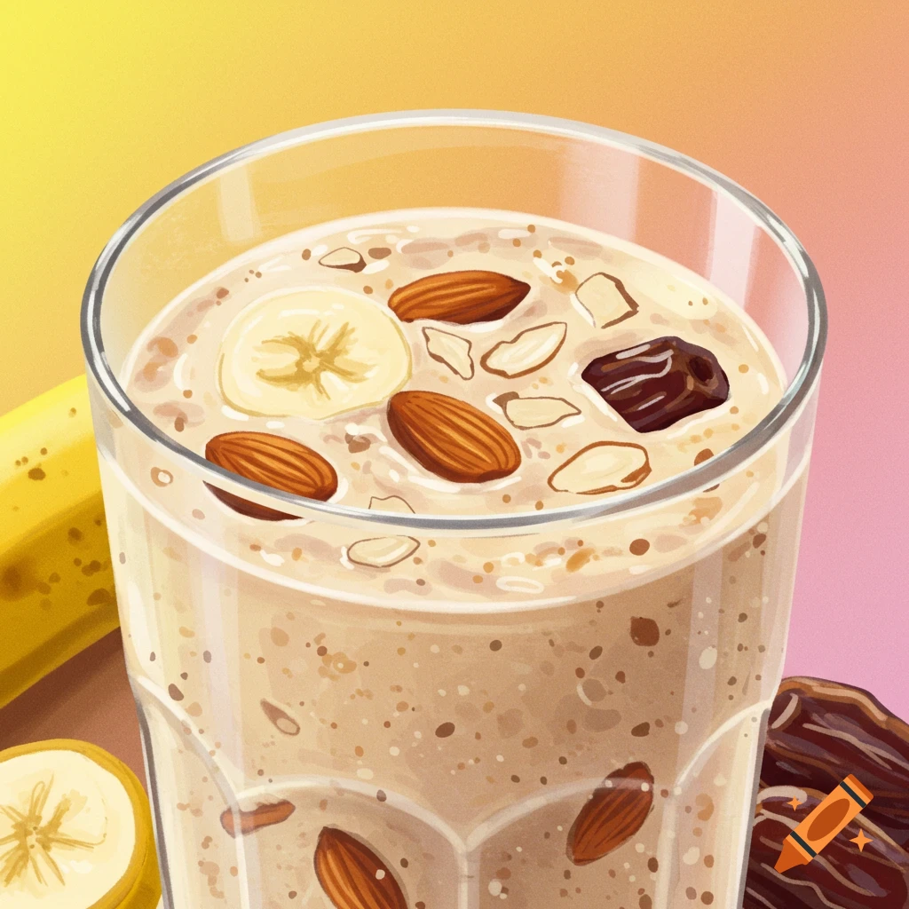 An illustration of a smoothie with banana slices, almonds, and dates in a glass.