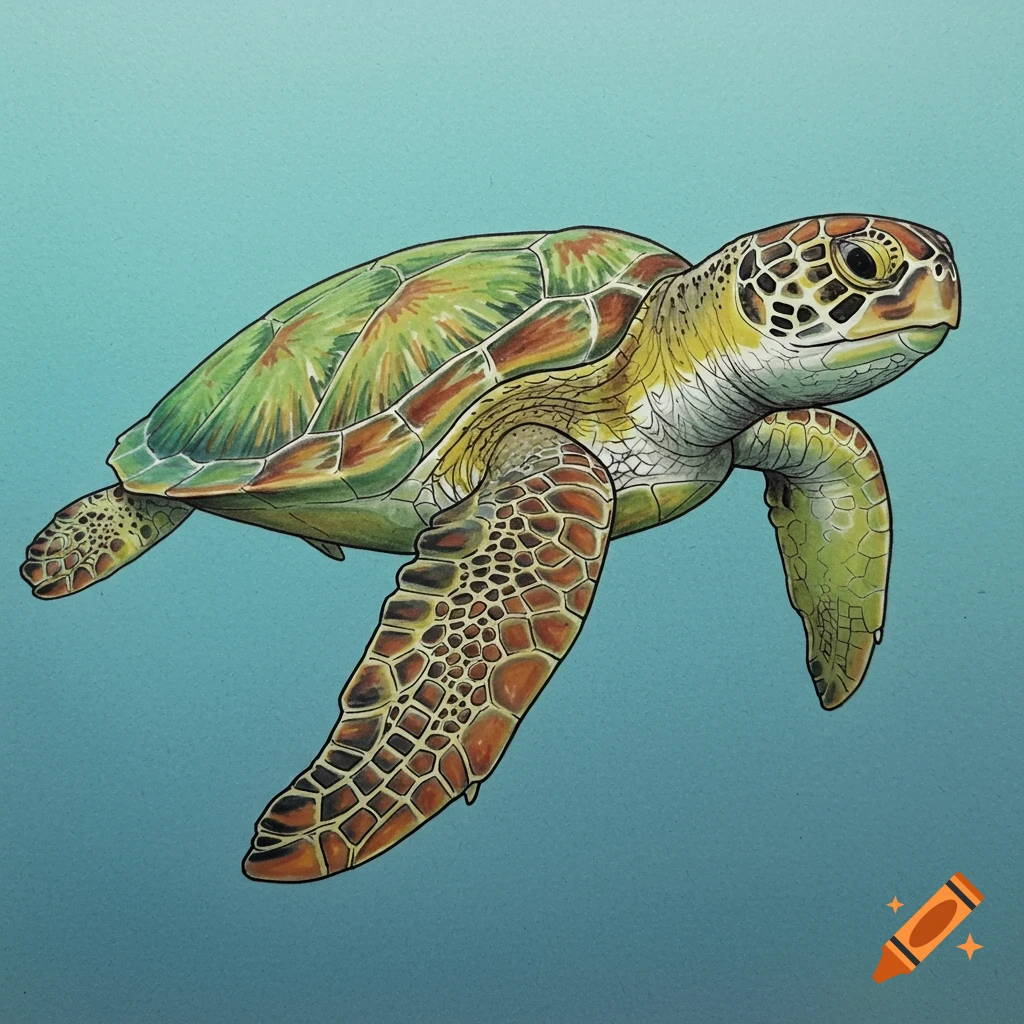 A stylized drawing of a sea turtle swimming