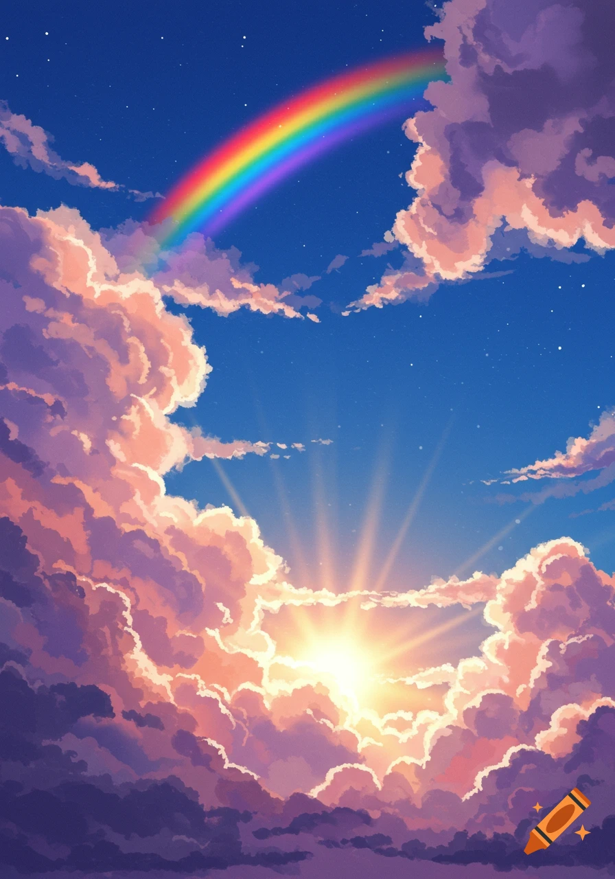 Rainbow over fluffy clouds with sun rays in a bright blue anime-style sky.
