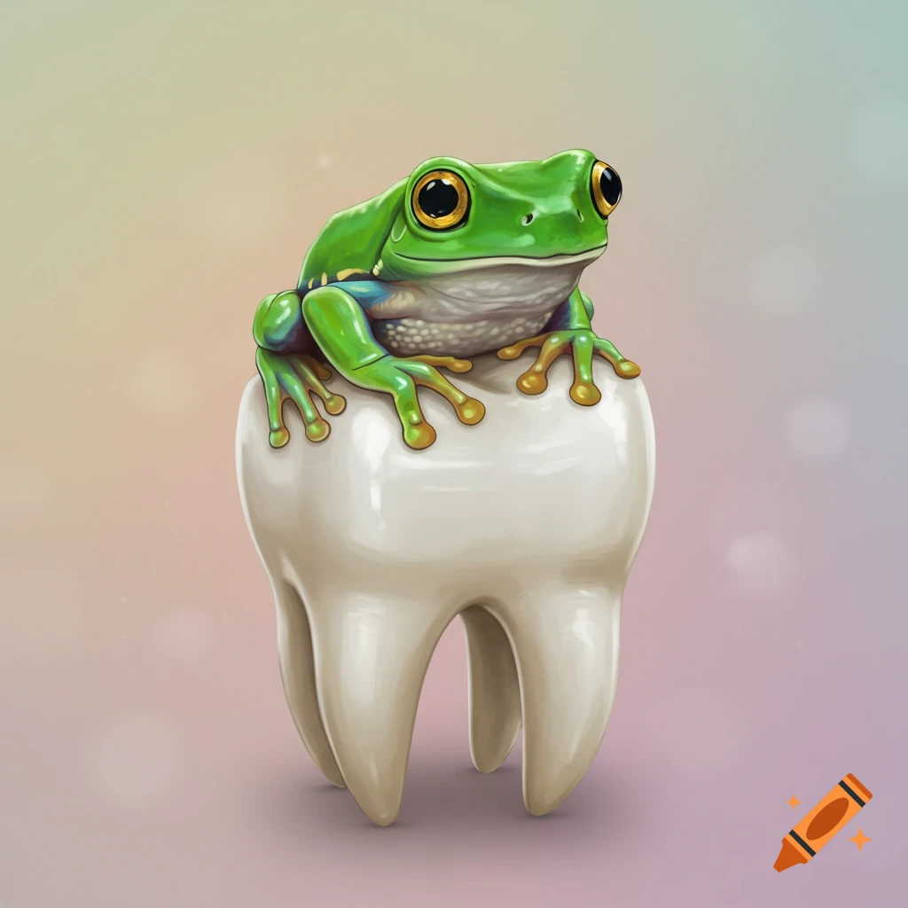 A bright green frog sits on a large, white cartoon-style tooth.