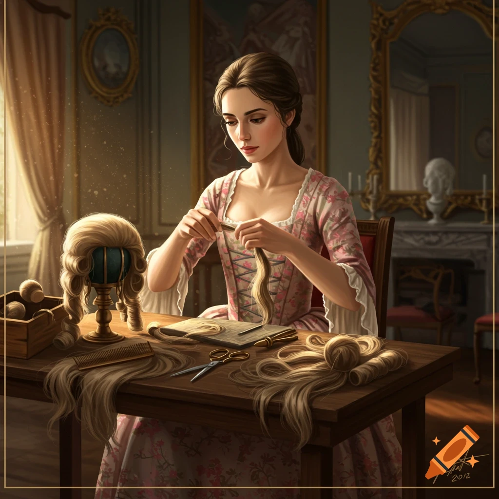 Woman making a wig at a table in a historical interior.