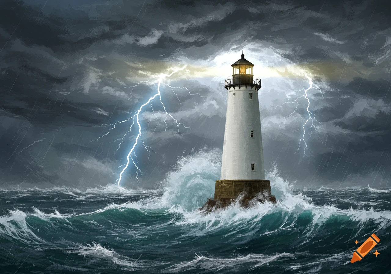 A lighthouse stands tall against a stormy sea with lightning in the sky.