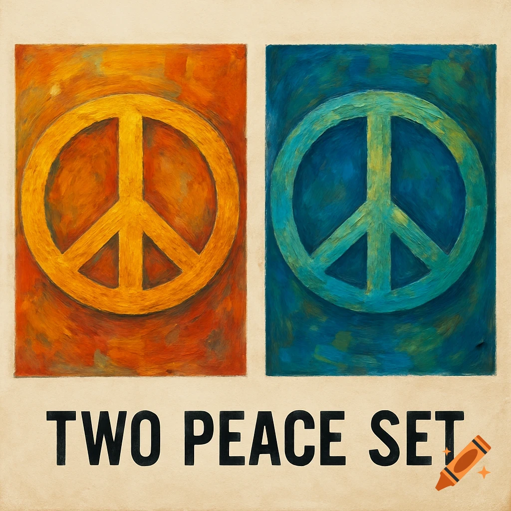 Two peace signs, one yellow on orange and one teal on blue, with the text TWO PEACE SET below. Painterly style.