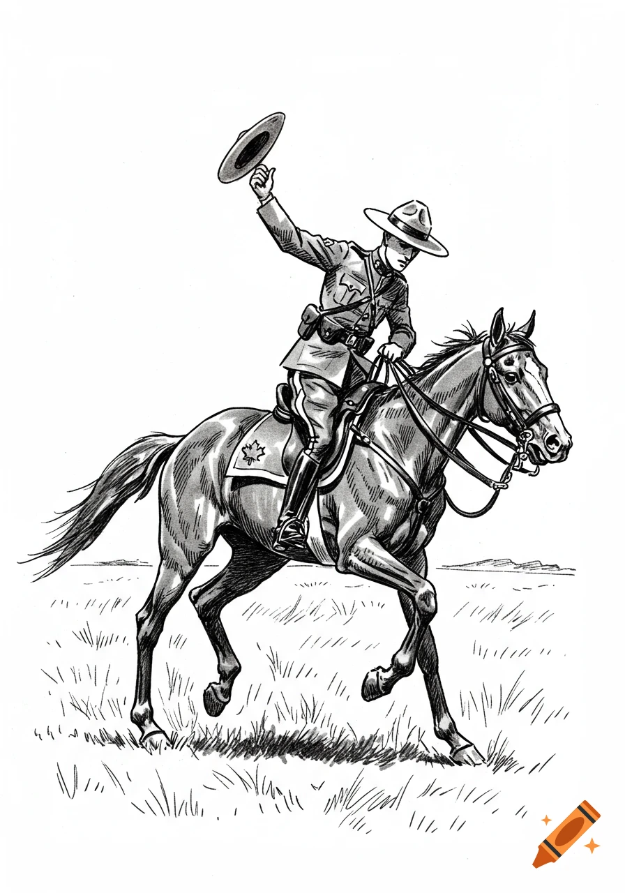 Black and white drawing of a rider in a uniform on a horse raising their hat.