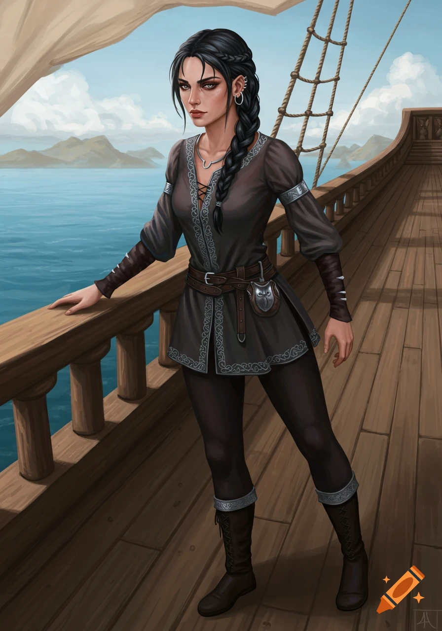 A young woman in fantasy attire stands on a ship deck overlooking the sea.