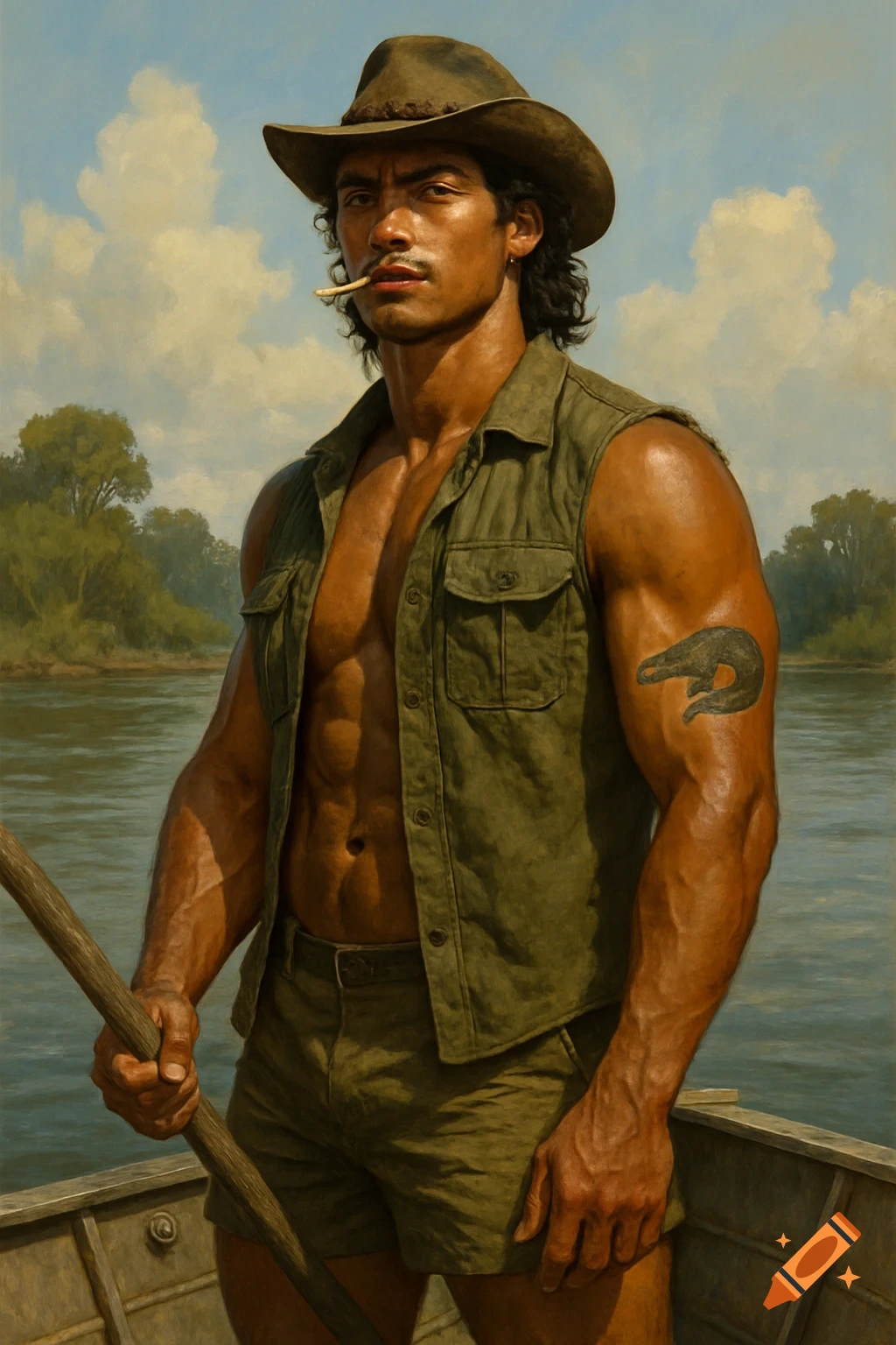 Painting of a muscular man in a hat and vest in a boat on a river.