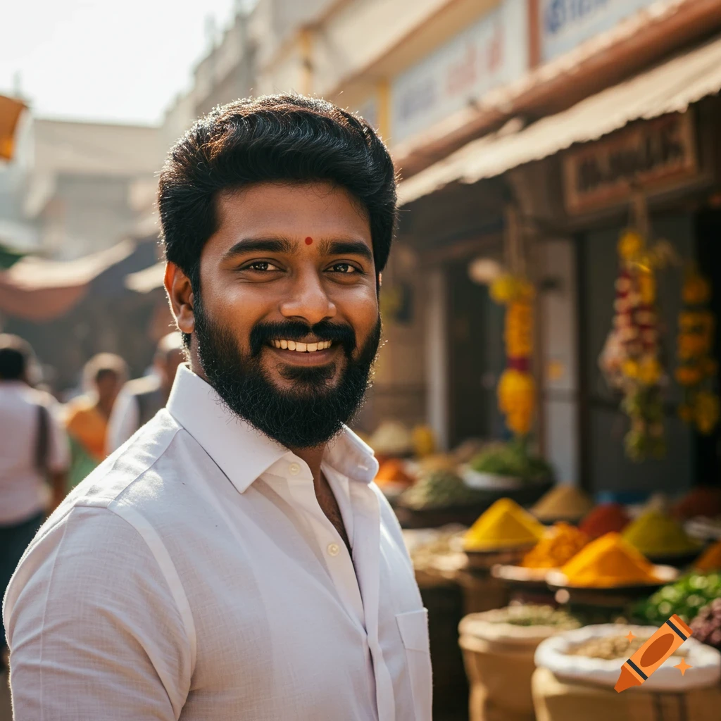 A smiling man with a beard and a bindi stands in a market with colorful spices in the background.