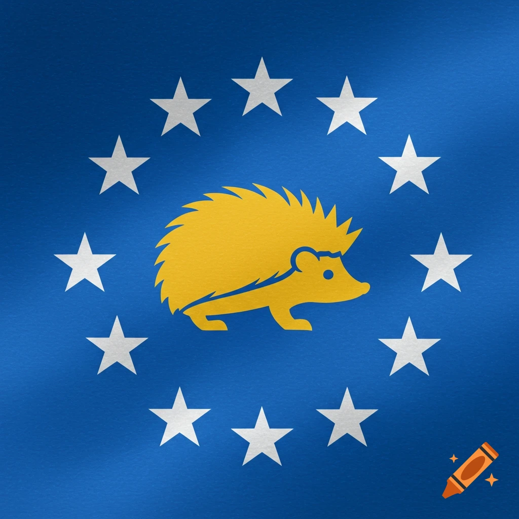 Blue flag with a yellow hedgehog silhouette surrounded by white stars.