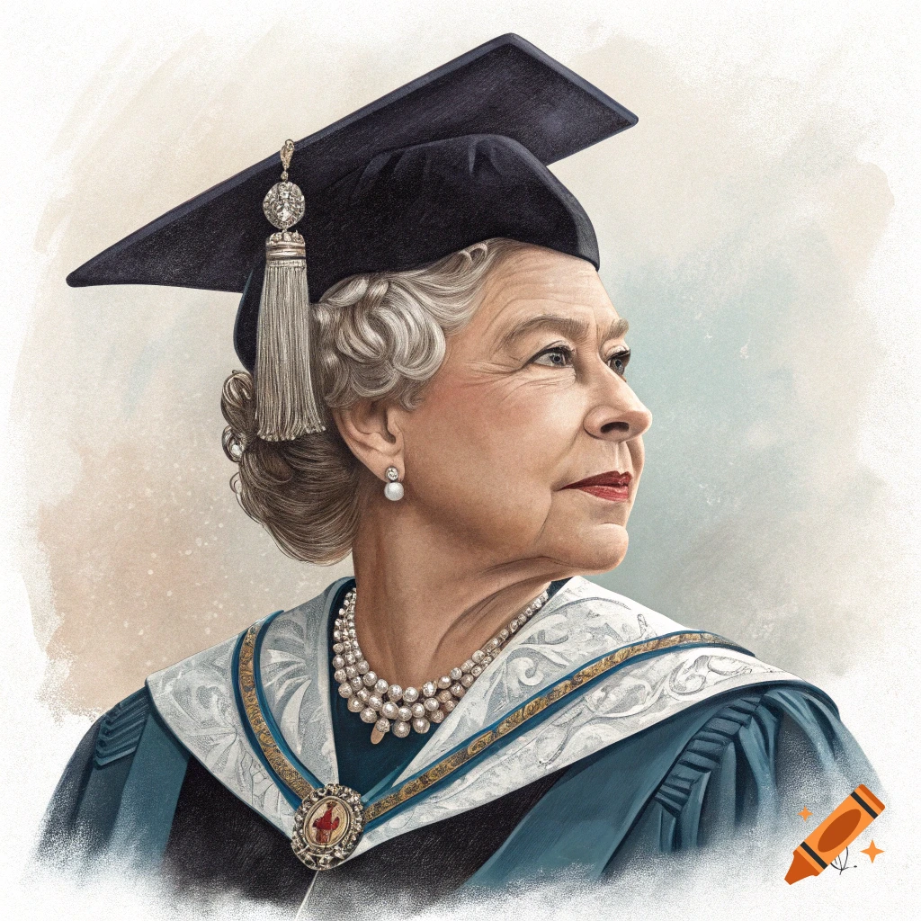 Painted portrait of Queen Elizabeth II wearing a black graduation cap and blue academic gown.
