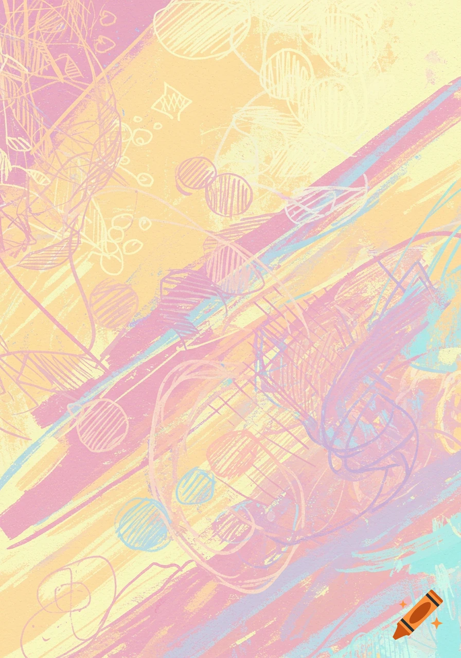 Abstract pastel drawing with scribbled lines and shapes.