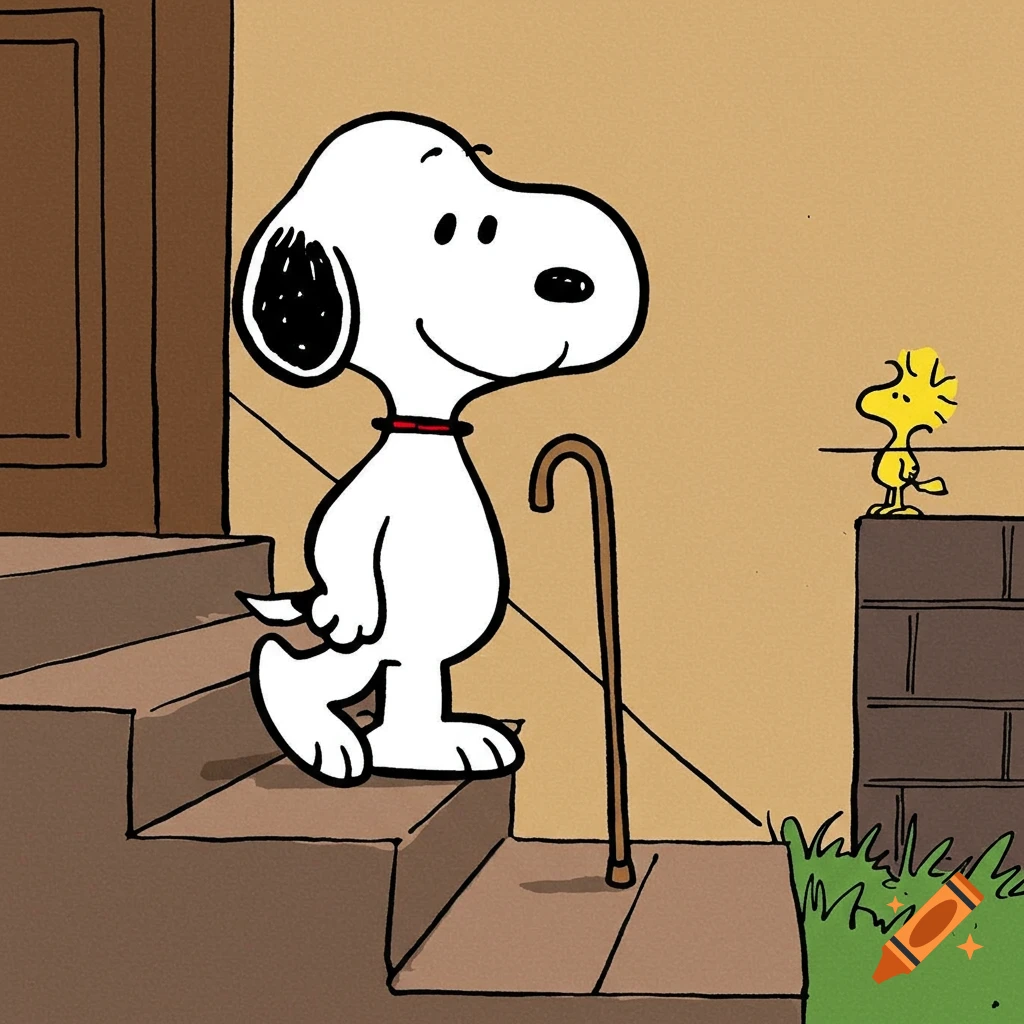 Snoopy with a cane on stairs looking at Woodstock on a wall in cartoon style.