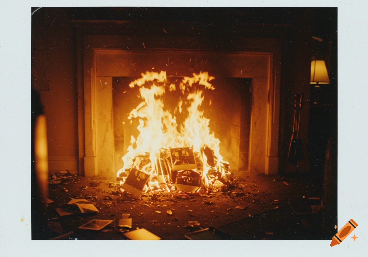 Fire in a fireplace burning polaroid photos, in the style of an old polaroid.