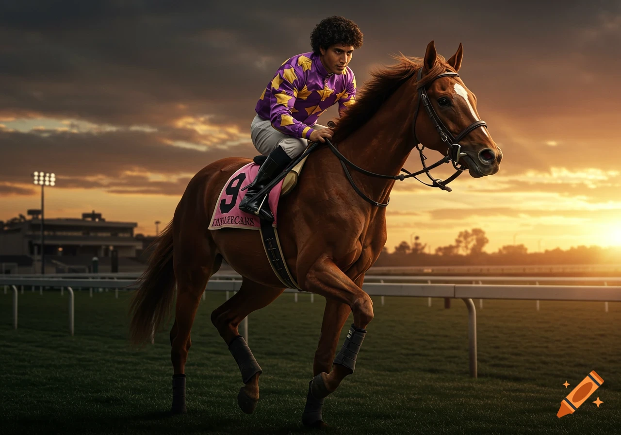 A jockey rides a horse on a race track during sunset.