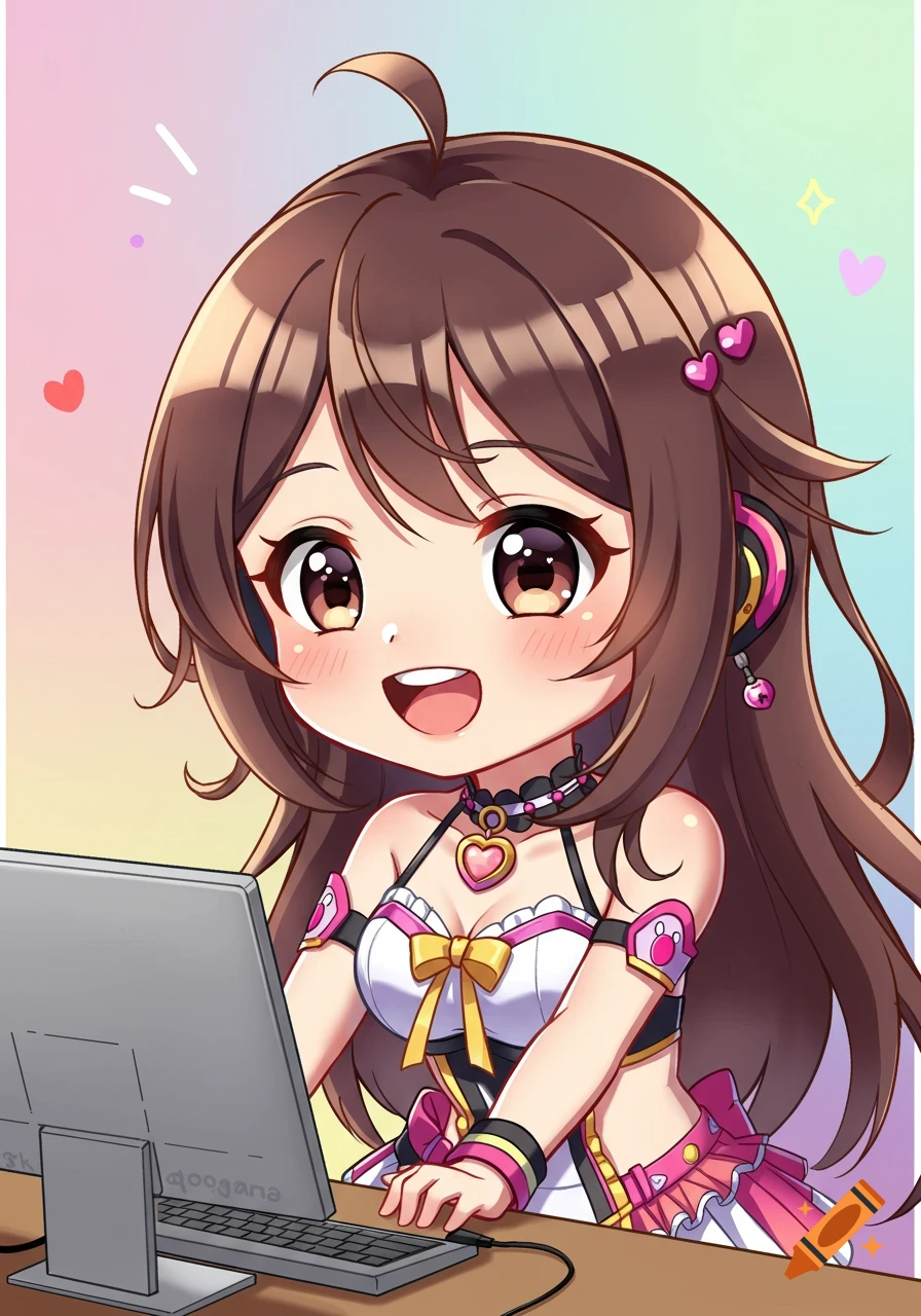 Chibi anime girl with brown hair and headphones smiles while using a computer.