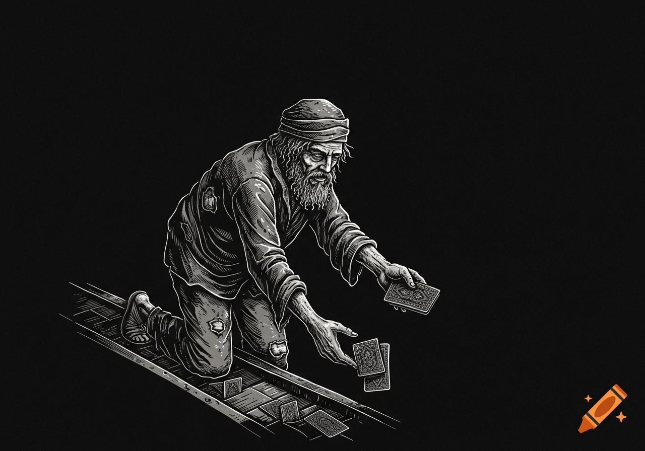 Black and white illustration of a bearded person in tattered clothes kneeling, reaching for playing cards on the ground.
