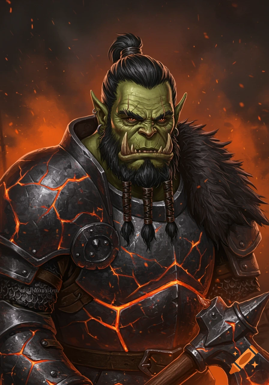 A detailed portrait of a green-skinned orc warrior with a topknot, braided beard, and volcanic armor against a fiery background.