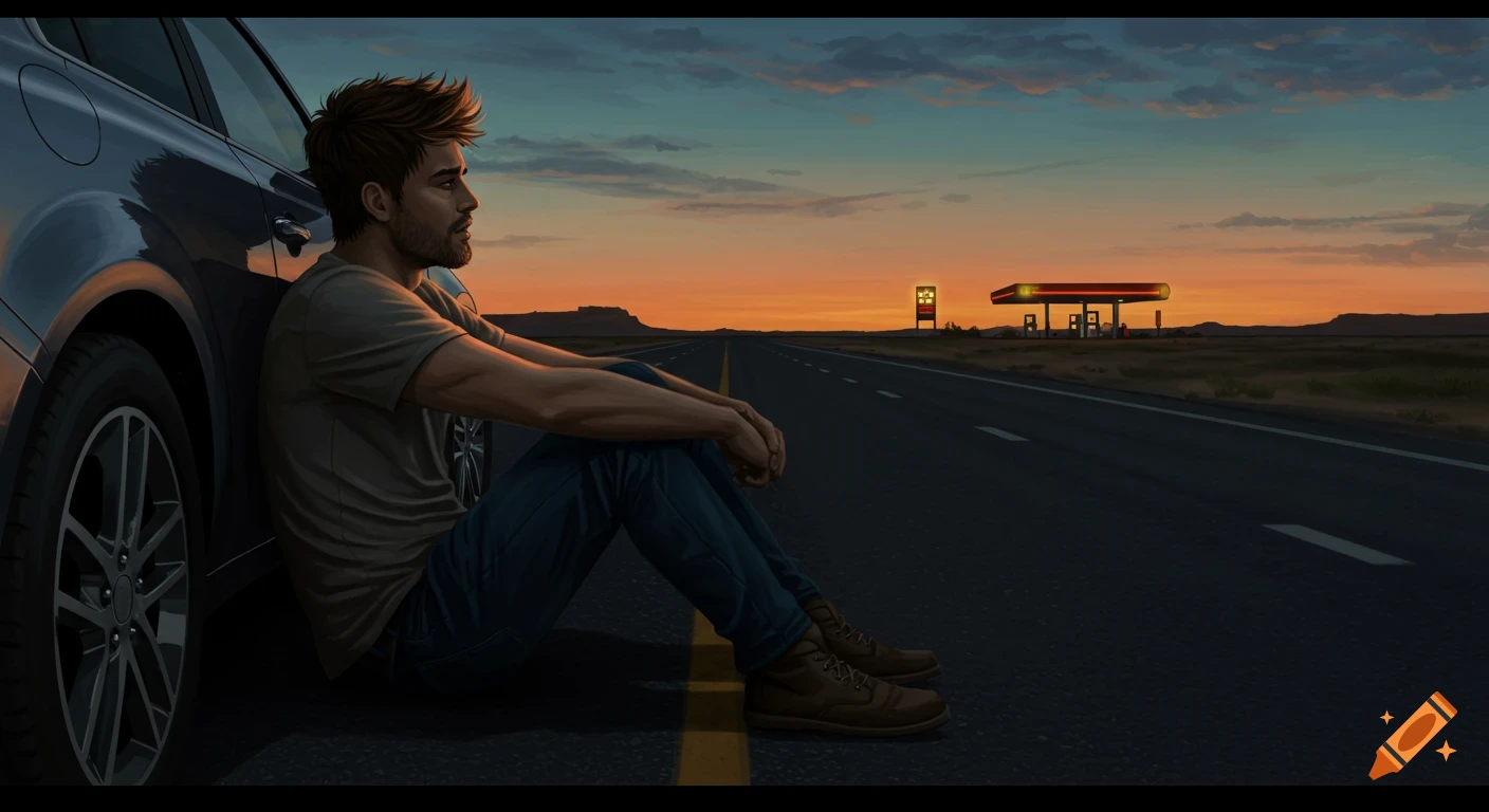 A man sits on the road next to a car at sunset, looking towards a distant gas station.