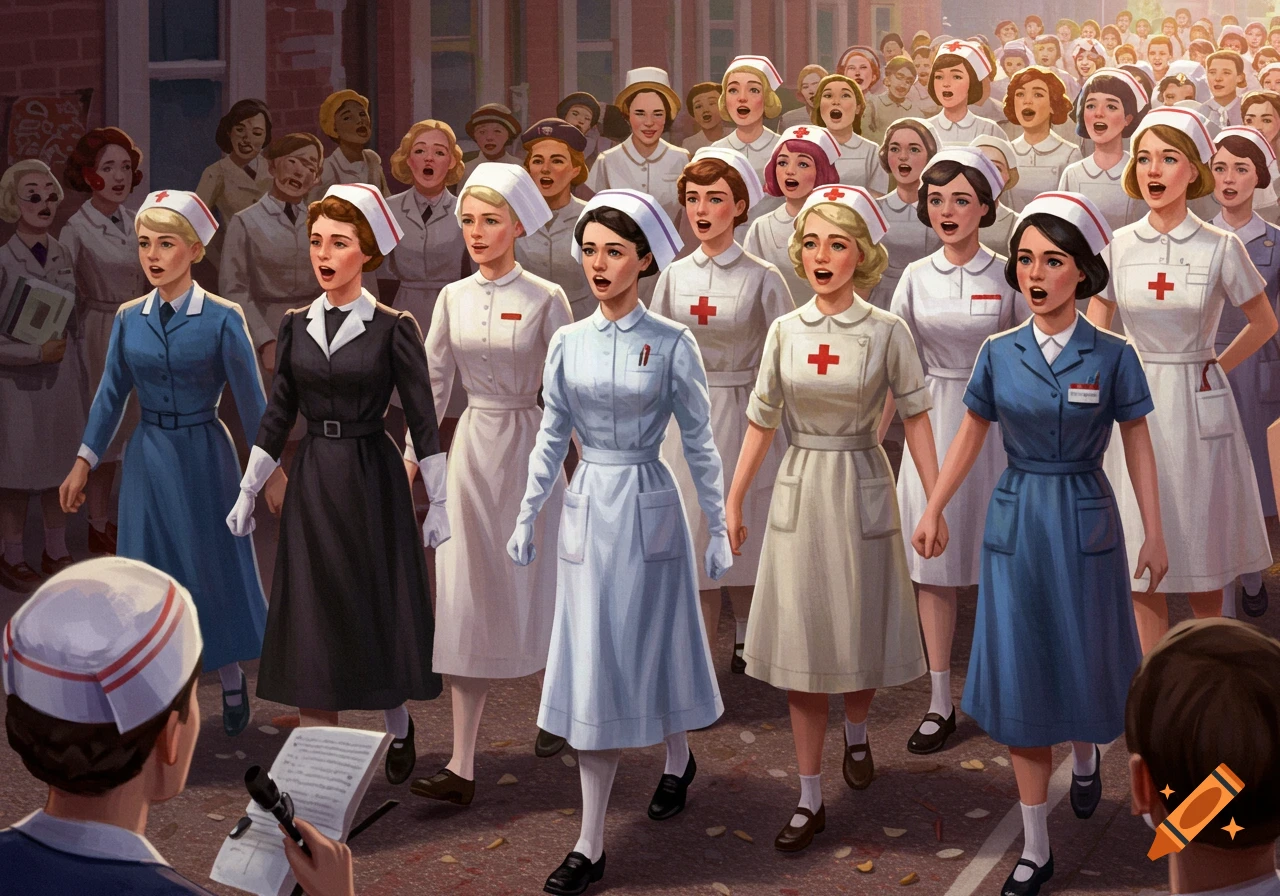 A parade of nurses in historical uniforms walking and singing, digital illustration.