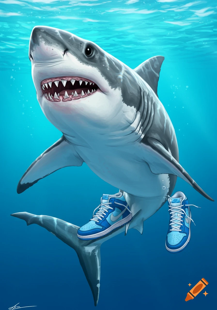 An illustration of a great white shark wearing blue sneakers underwater.