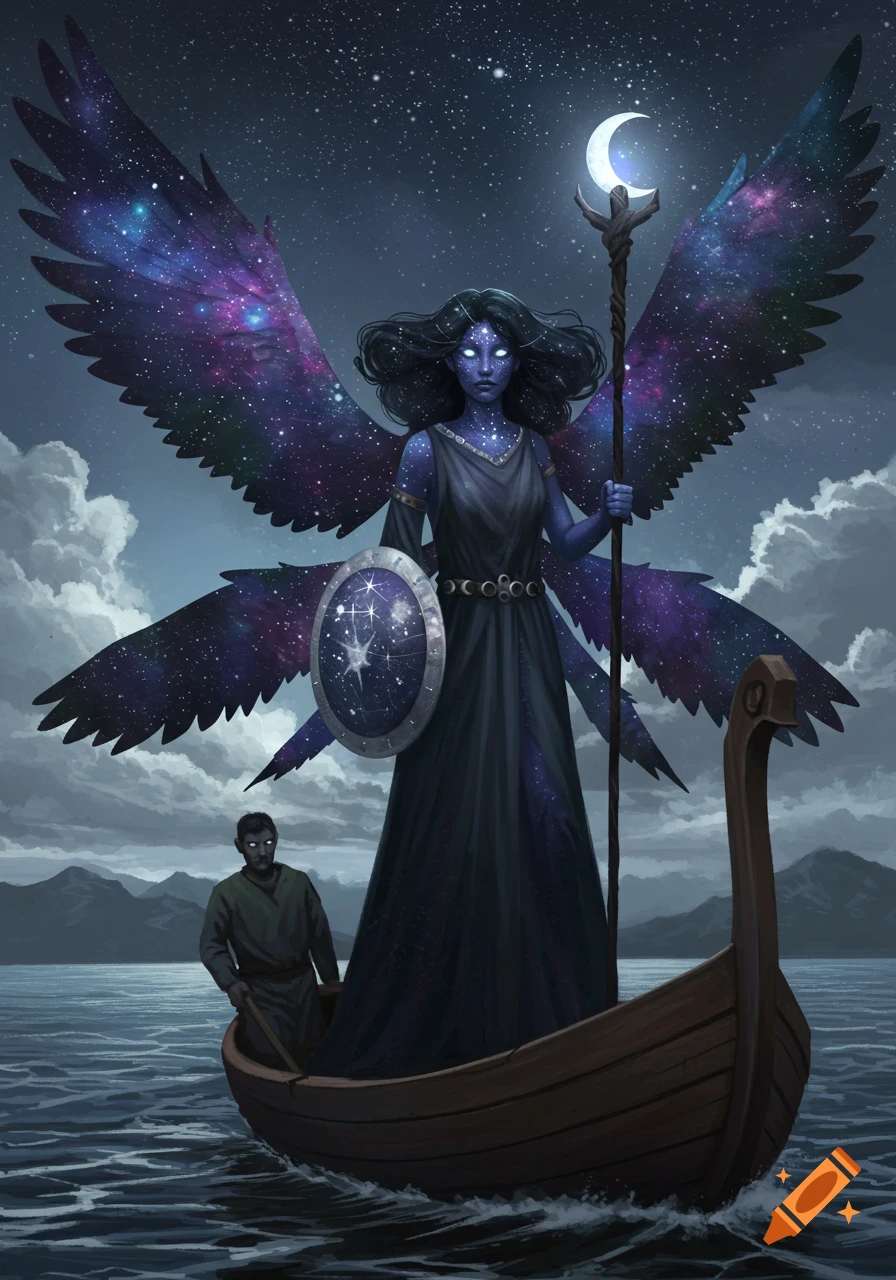 Fantasy woman with cosmic wings and skin stands in a boat with a staff and shield.